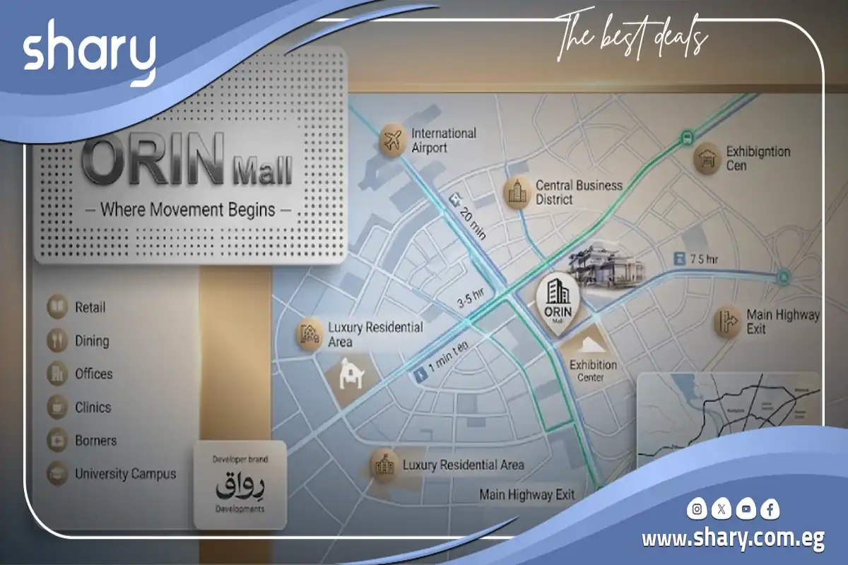 مول اورين العبور الجديدة Orin Mall New Obour شركة رواق للتطوير العقاري 6 موقع مول اورين العبور الجديدة